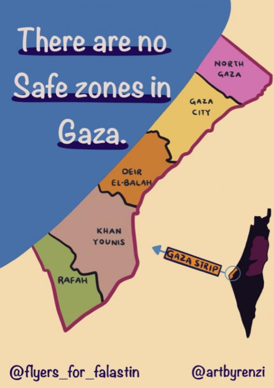 No Safe Zones In Gaza (by @artbyrenzi - 2024)